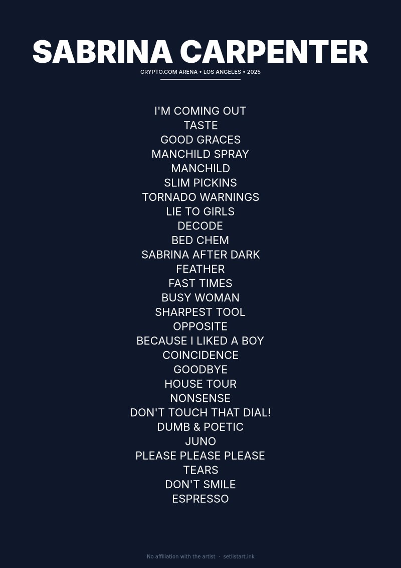 Sabrina Carpenter Los Angeles 2025 setlist poster preview