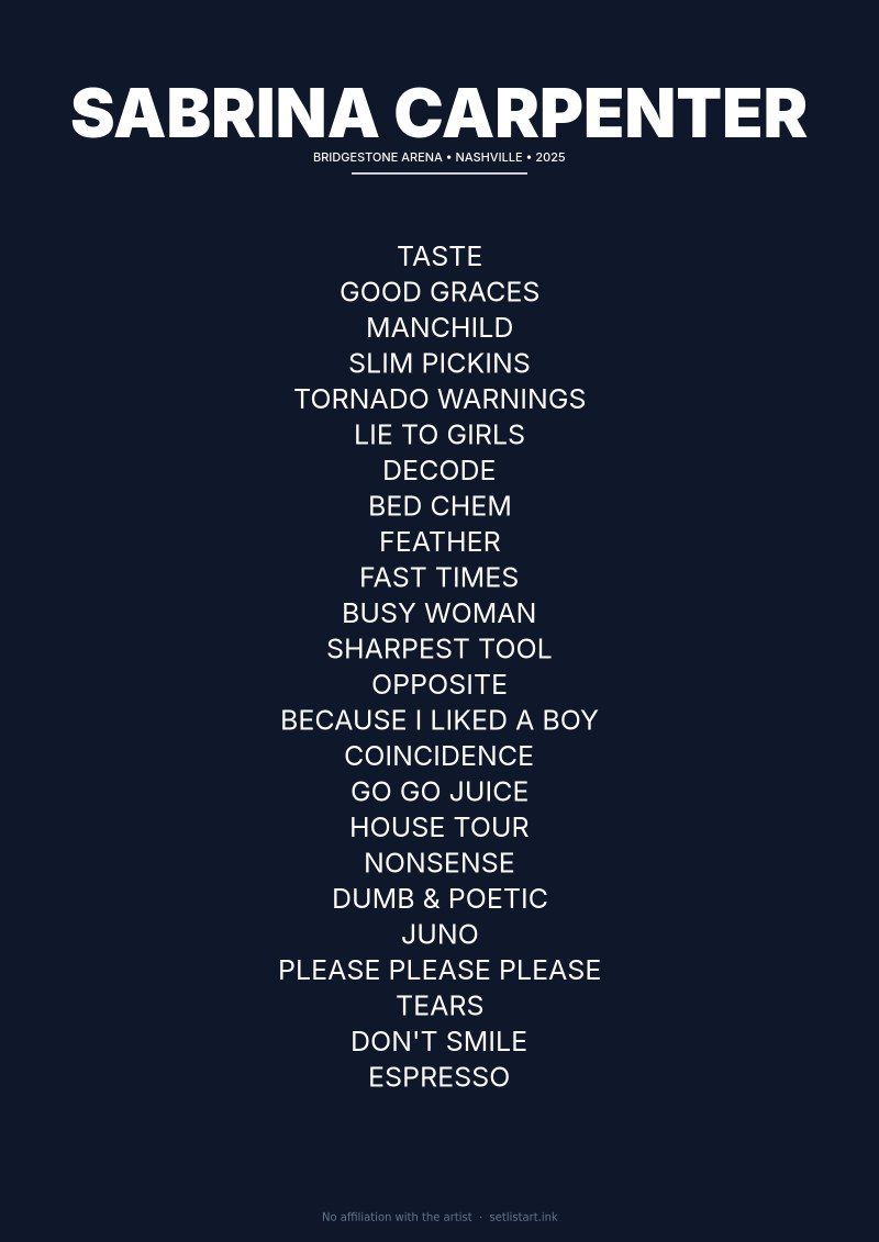 Sabrina Carpenter Nashville 2025 setlist poster preview