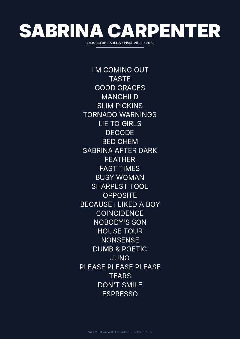 Sabrina Carpenter Nashville 2025 setlist poster preview