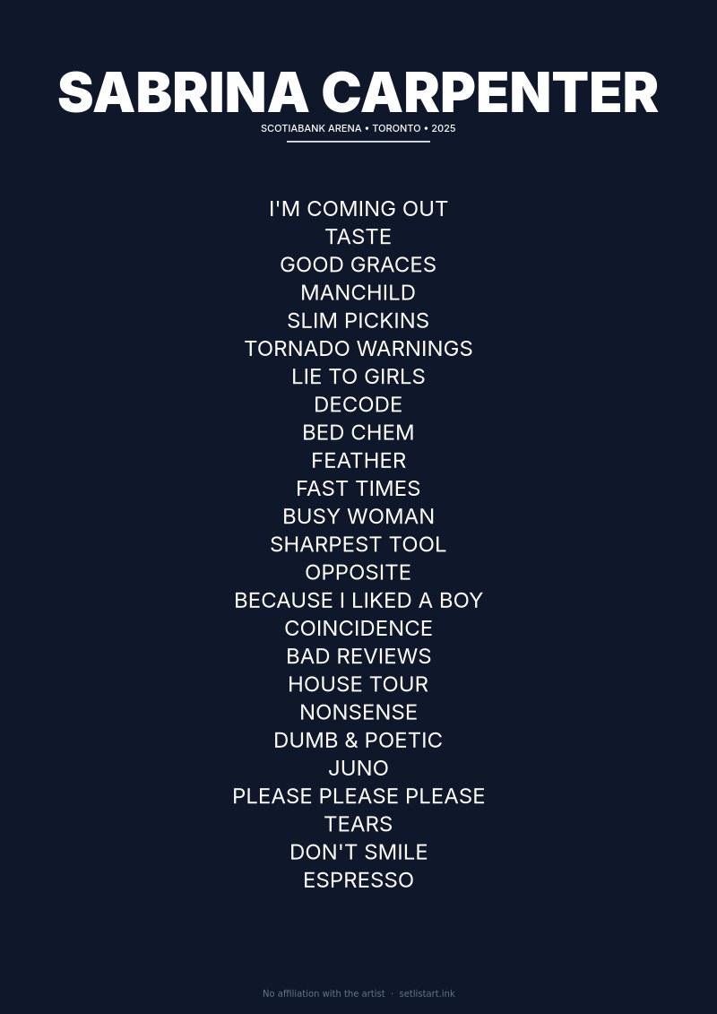 Sabrina Carpenter Toronto 2025 setlist poster preview