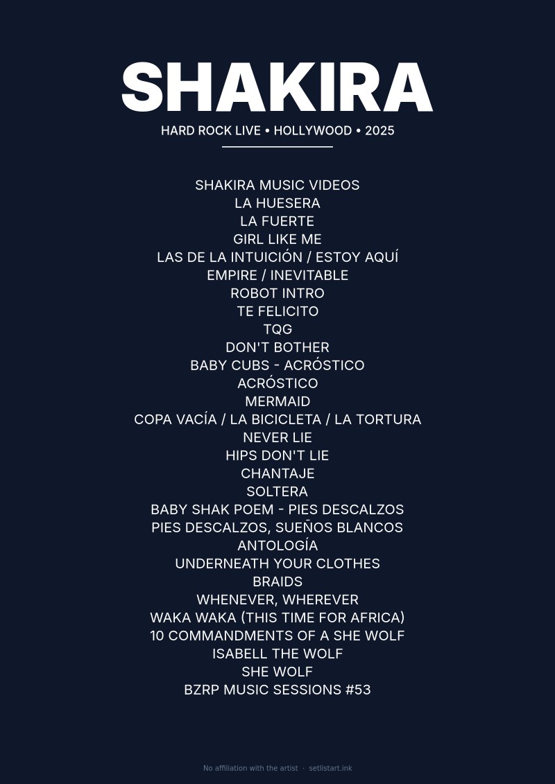 Shakira Hollywood 2025 setlist poster preview