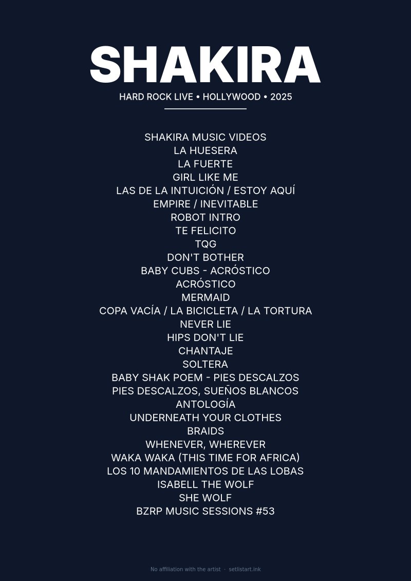 Shakira Hollywood 2025 setlist poster preview