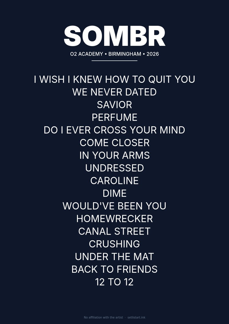 SOMBR Birmingham 2026 setlist poster preview