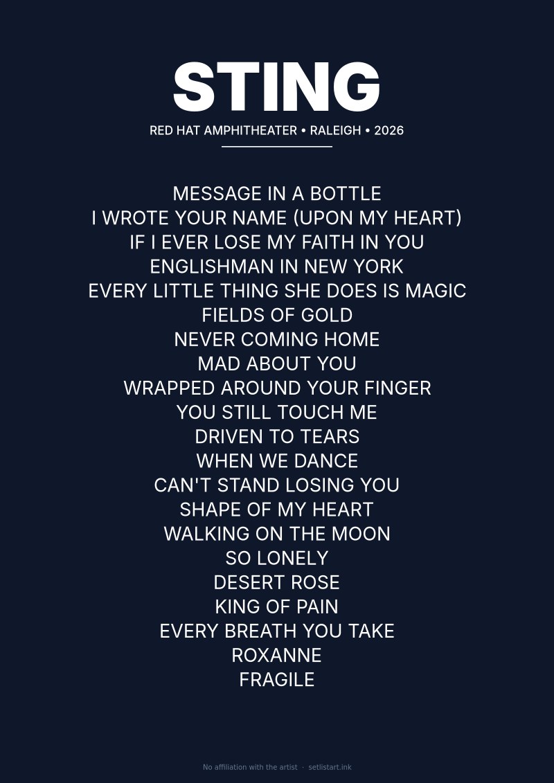 Sting Raleigh Red Hat Amphitheater 2026 setlist poster