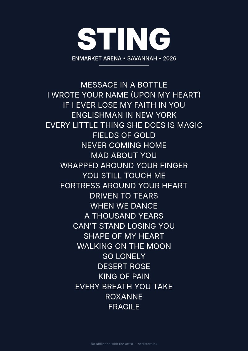Sting Savannah Enmarket Arena 2026 setlist poster