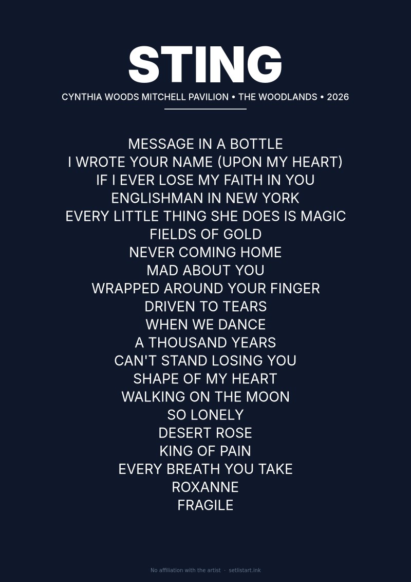 Sting The Woodlands Cynthia Woods Mitchell Pavilion 2026 setlist poster
