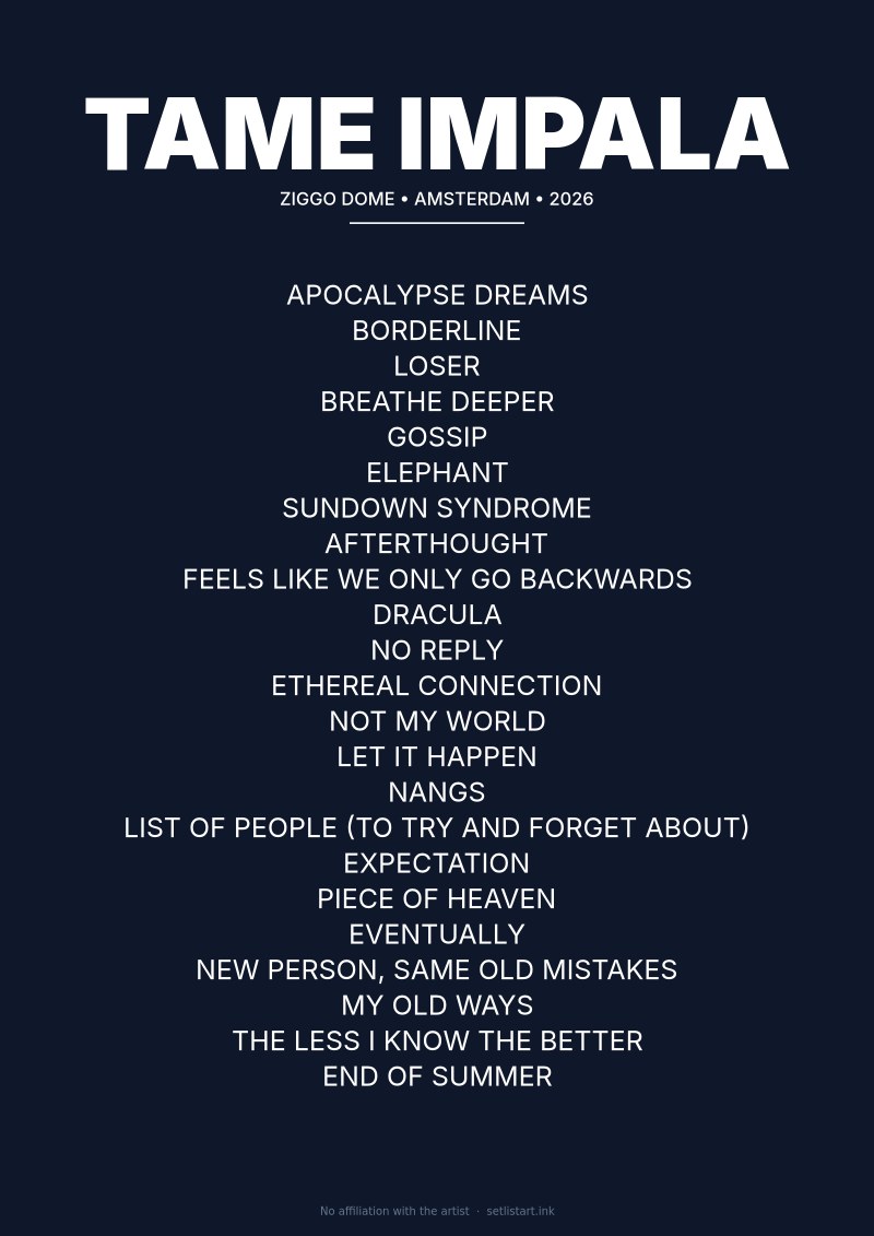 Tame Impala Amsterdam 2026 setlist poster preview