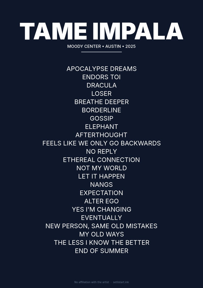 Tame Impala Austin 2025 setlist poster preview