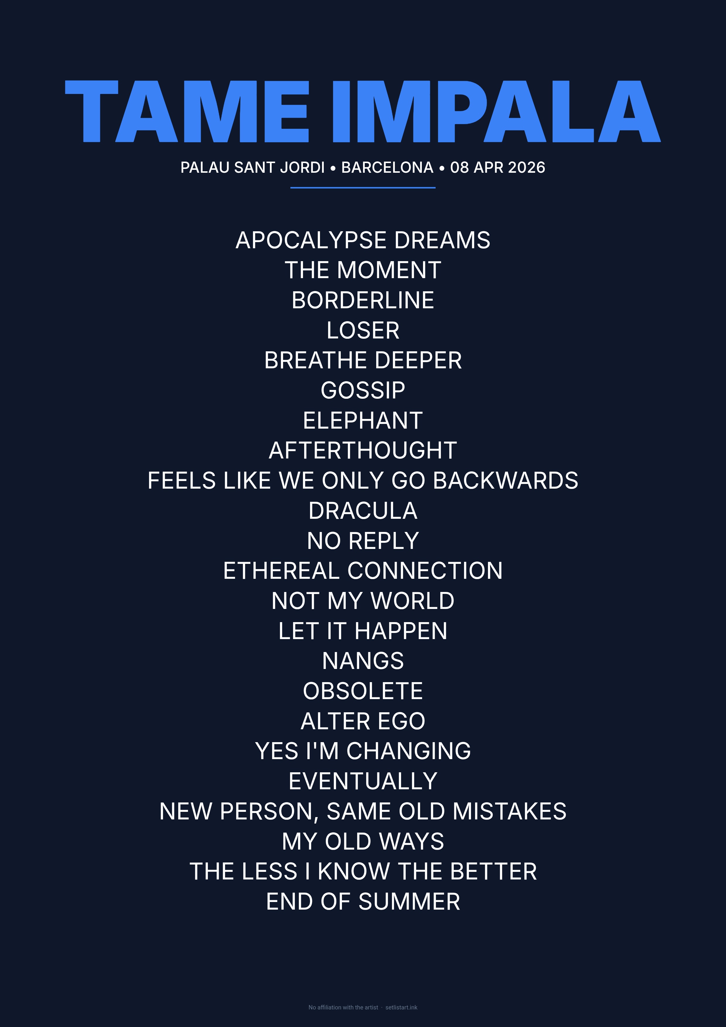 Tame Impala Barcelona 2026 setlist poster preview