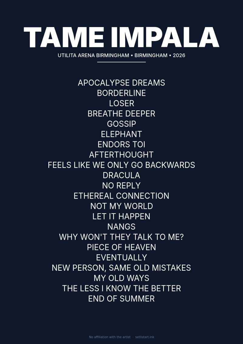 Tame Impala Birmingham 2026 setlist poster preview