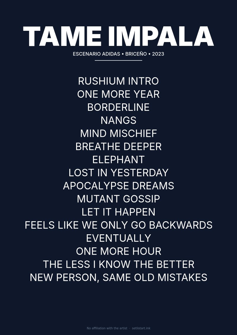 Tame Impala Briceño 2023 setlist poster preview