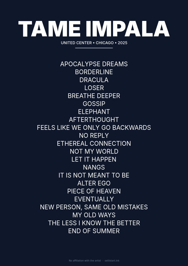Tame Impala Chicago 2025 setlist poster preview