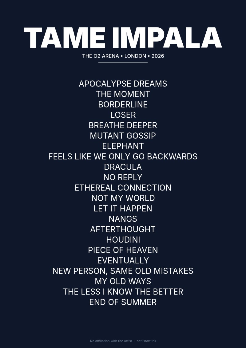 Tame Impala London 2026 setlist poster preview