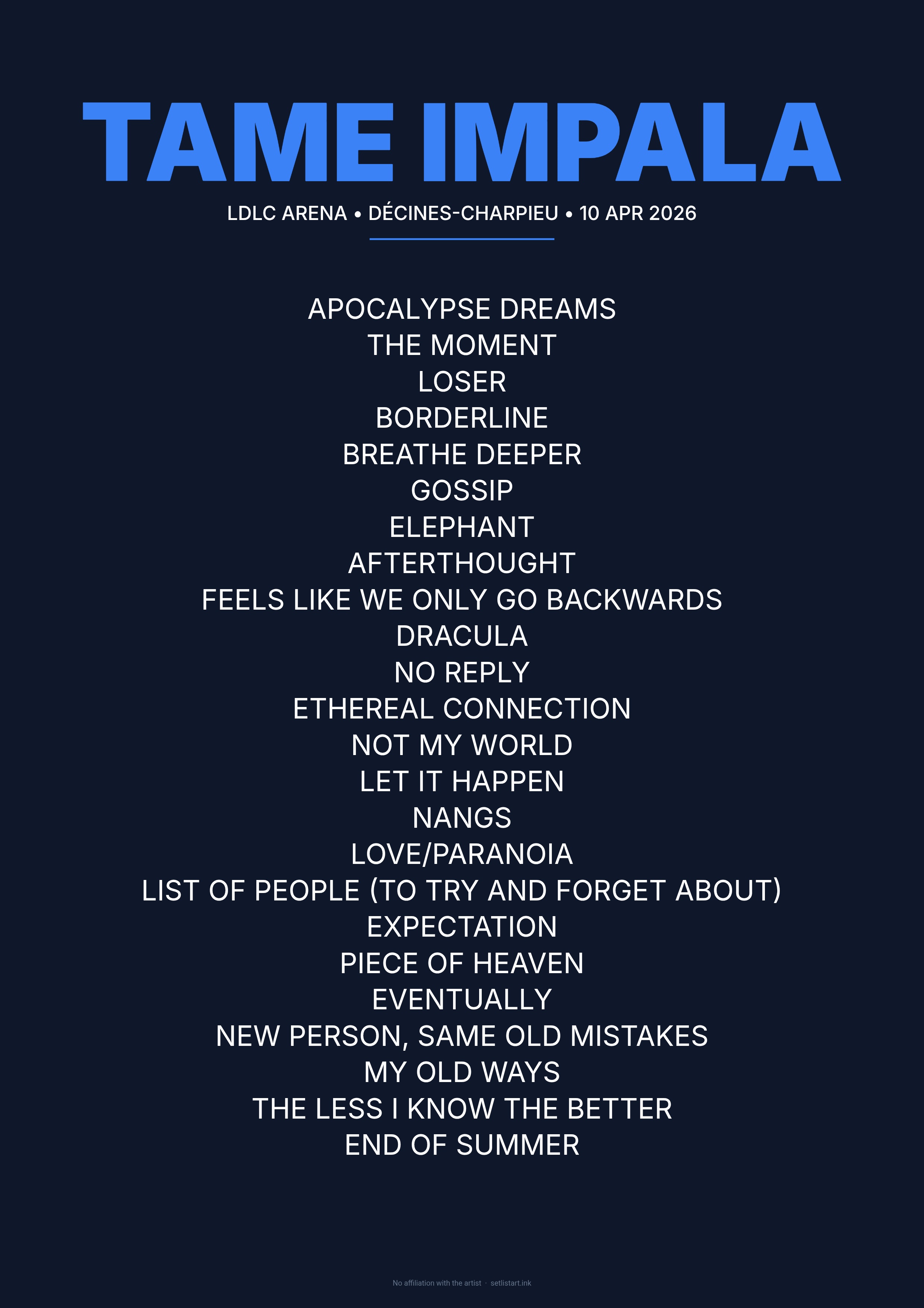 Tame Impala Lyon 2026 setlist poster preview