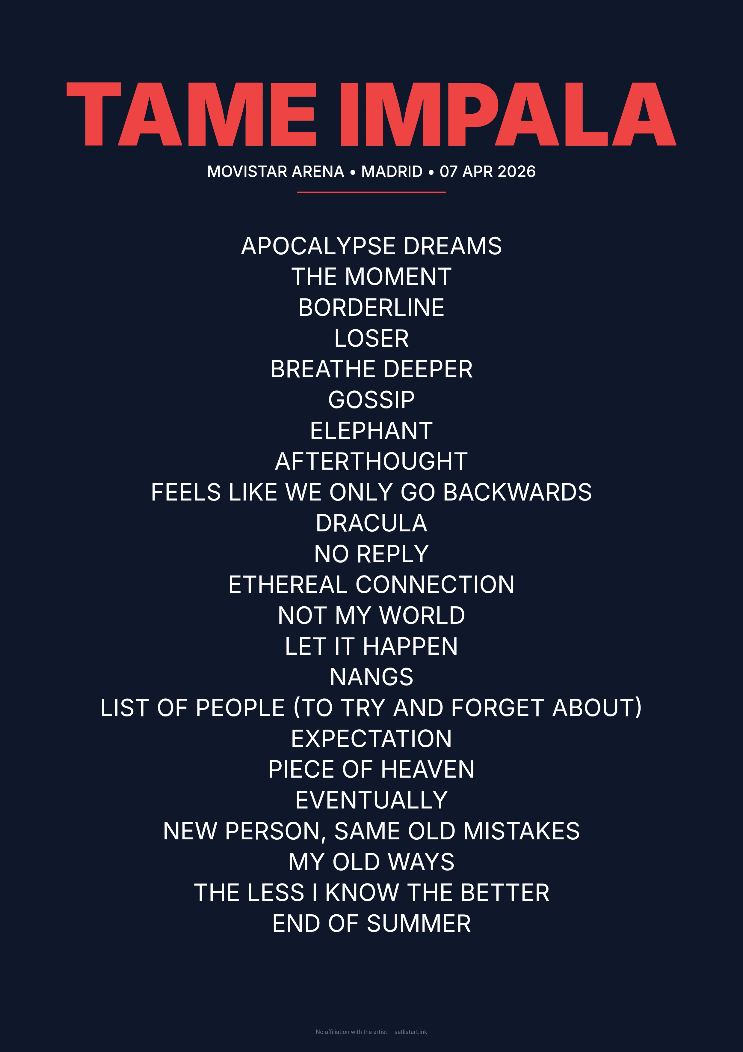 Tame Impala Madrid 2026 setlist poster preview
