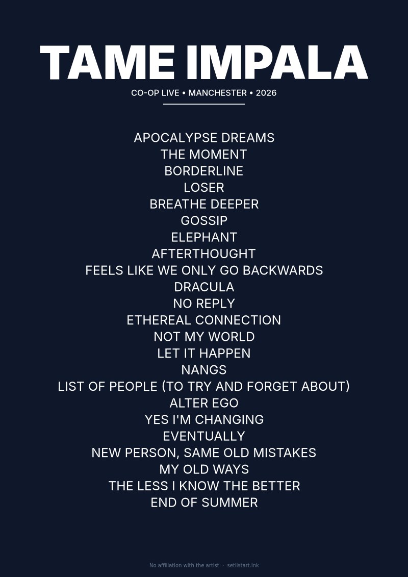 Tame Impala Manchester 2026 setlist poster preview