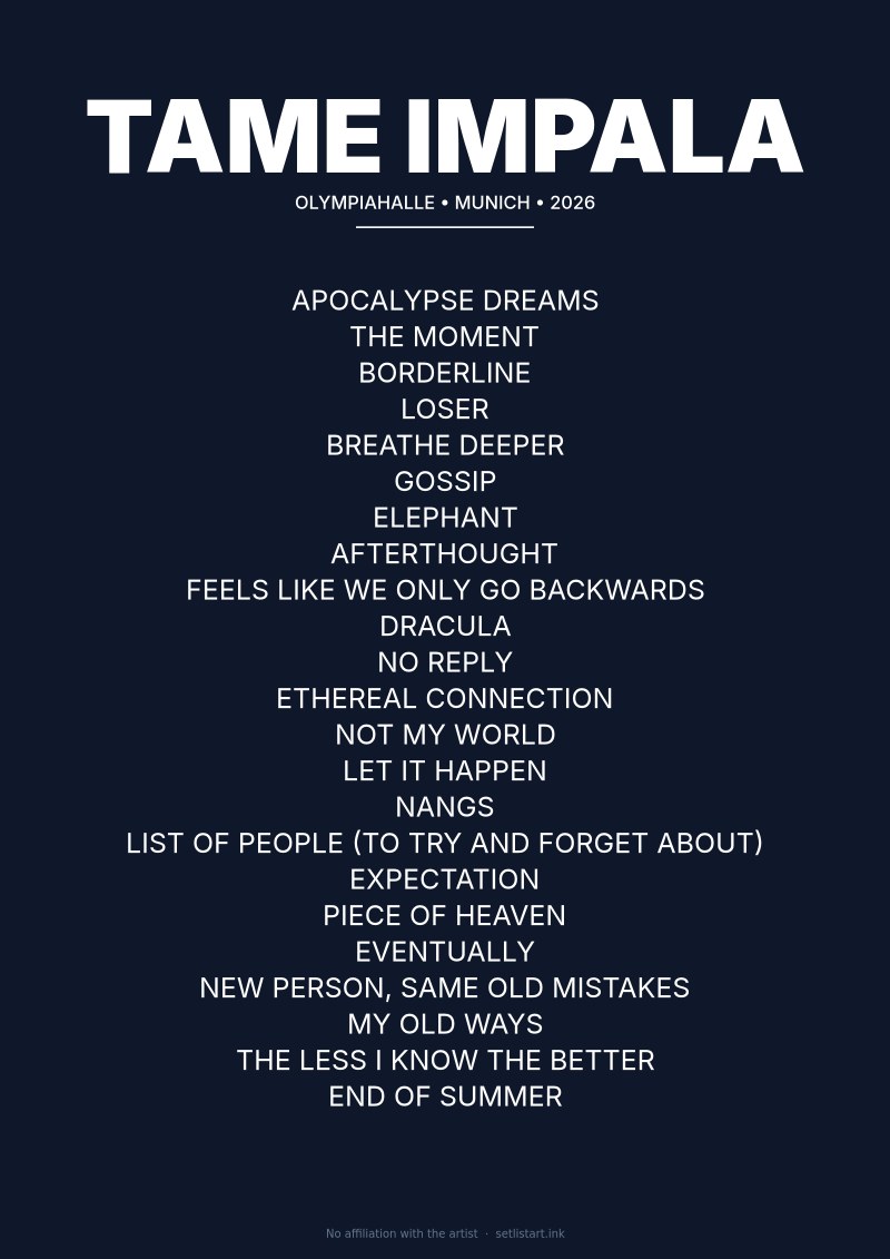 Tame Impala Munich 2026 setlist poster preview