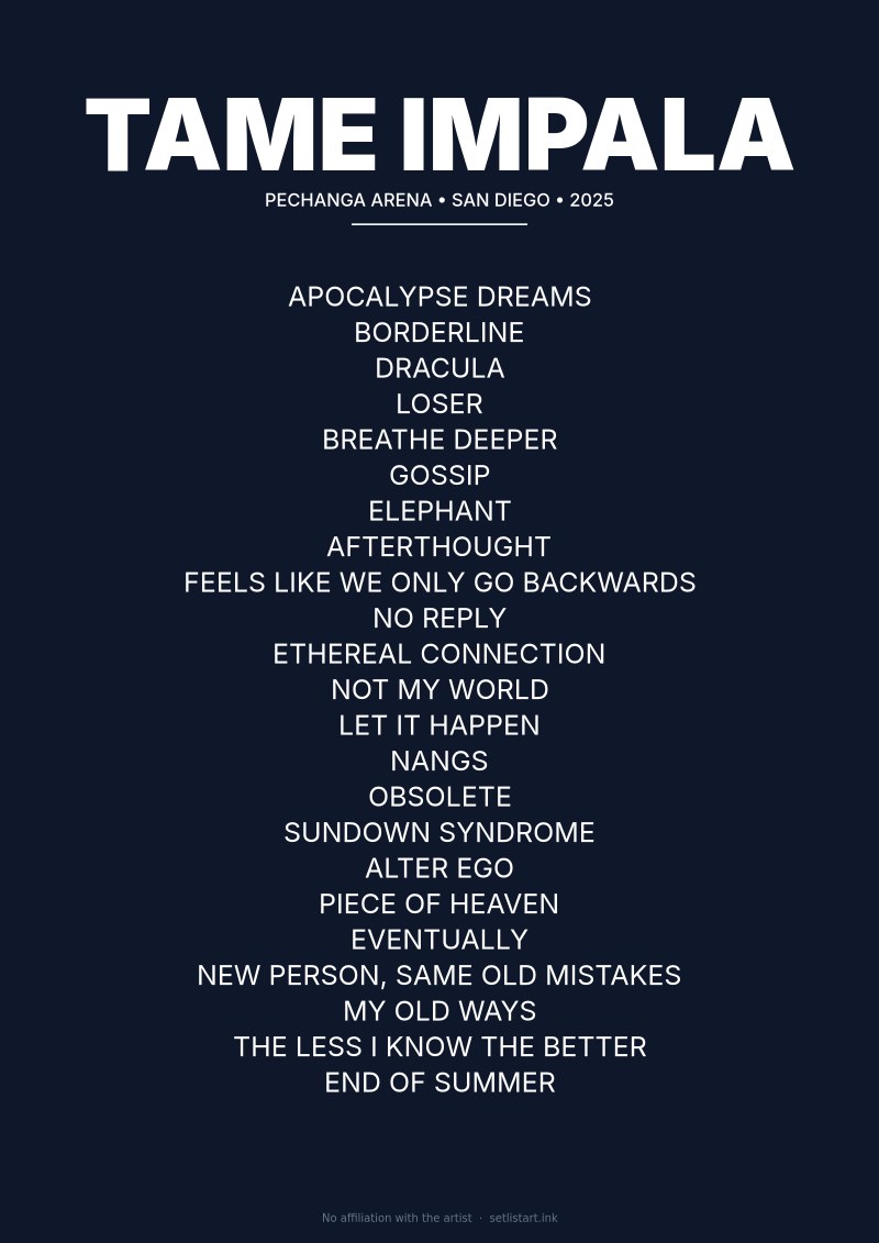 Tame Impala San Diego 2025 setlist poster preview