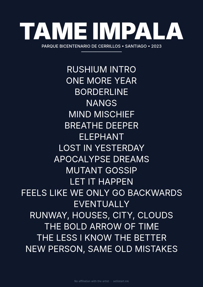 Tame Impala Santiago 2023 setlist poster preview
