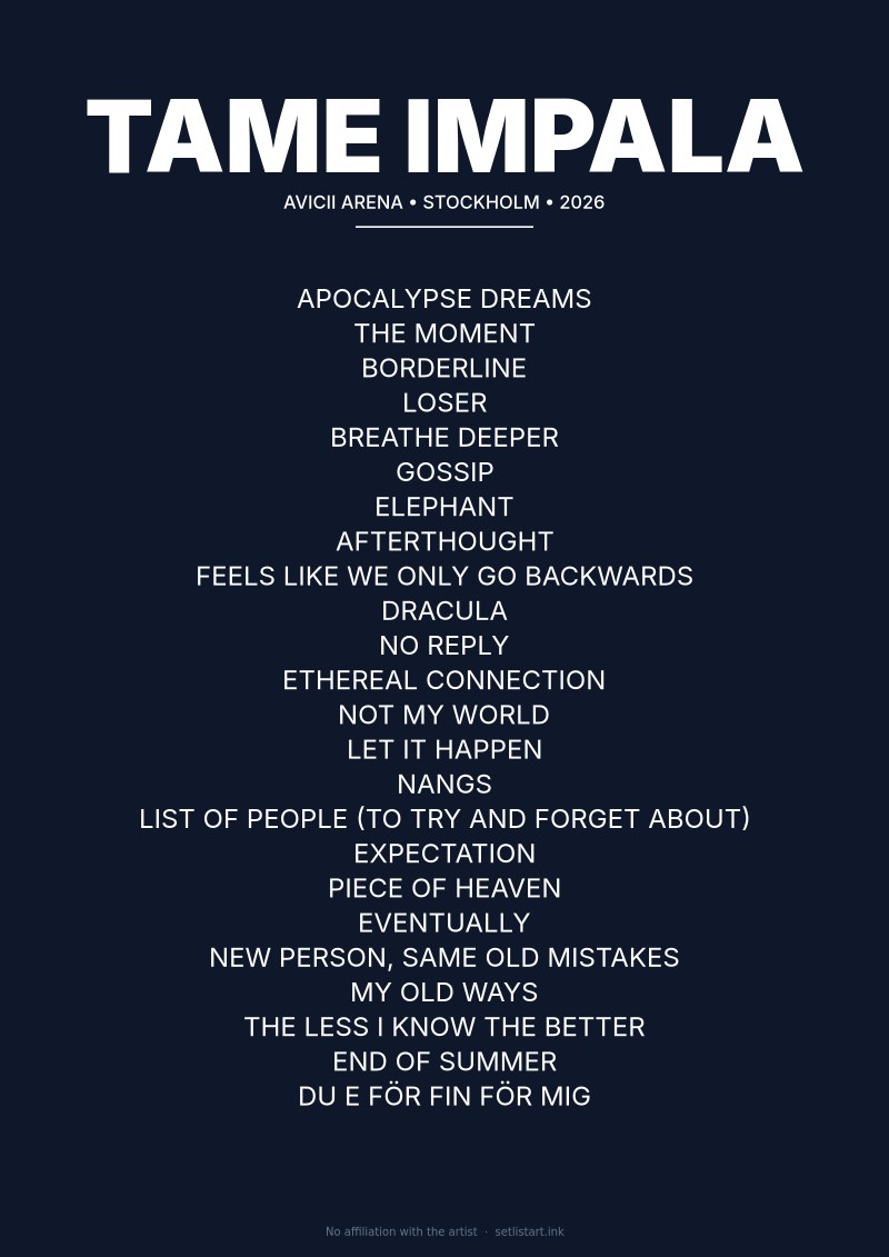 Tame Impala Stockholm 2026 setlist poster preview