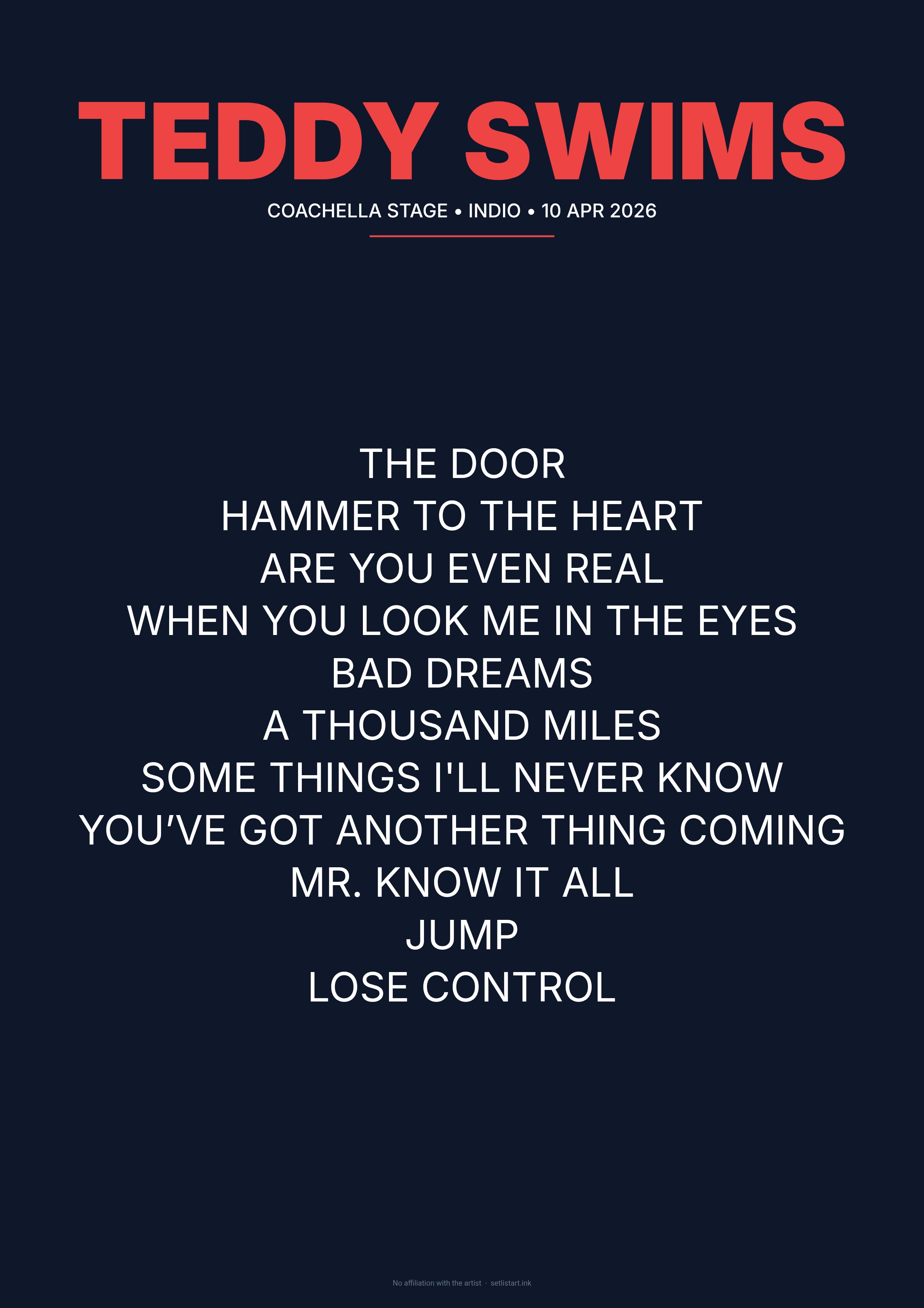 Teddy Swims Coachella 2026 setlist poster preview