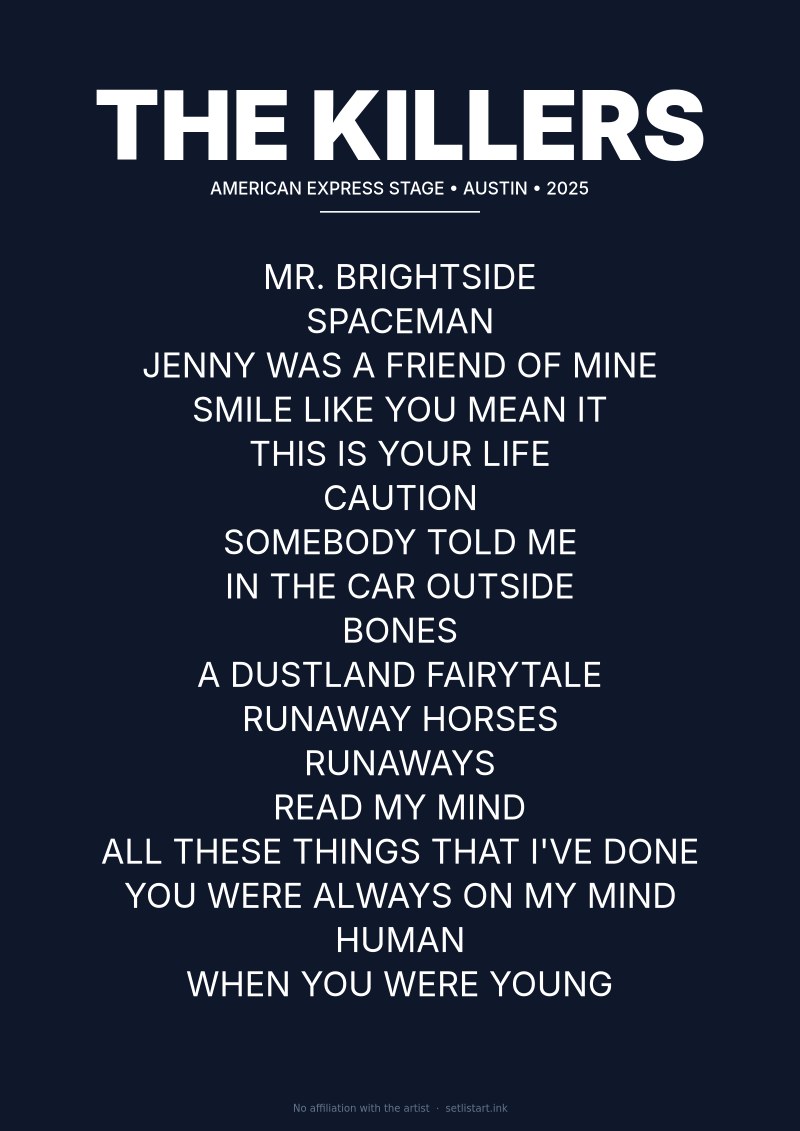The Killers Austin 2025 setlist poster preview