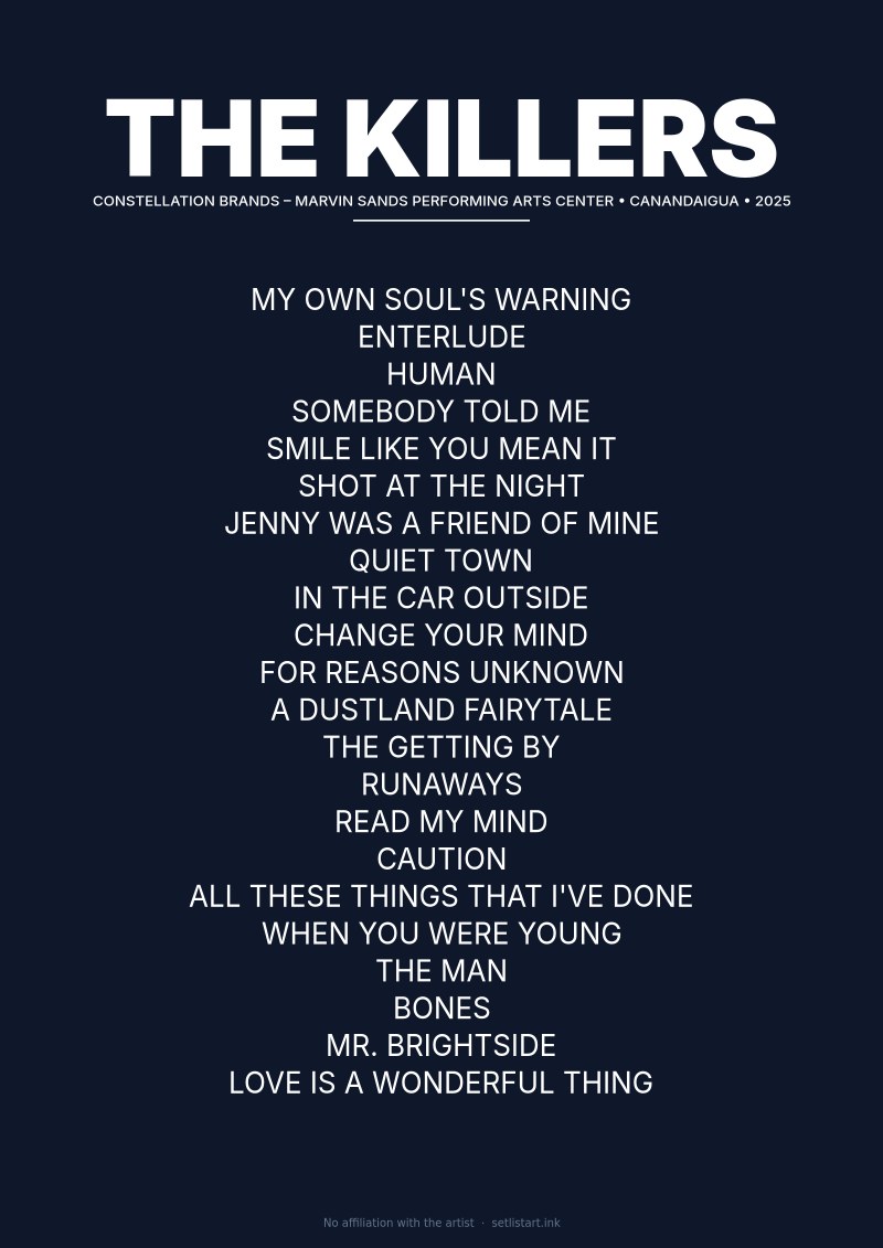 The Killers Canandaigua 2025 setlist poster preview