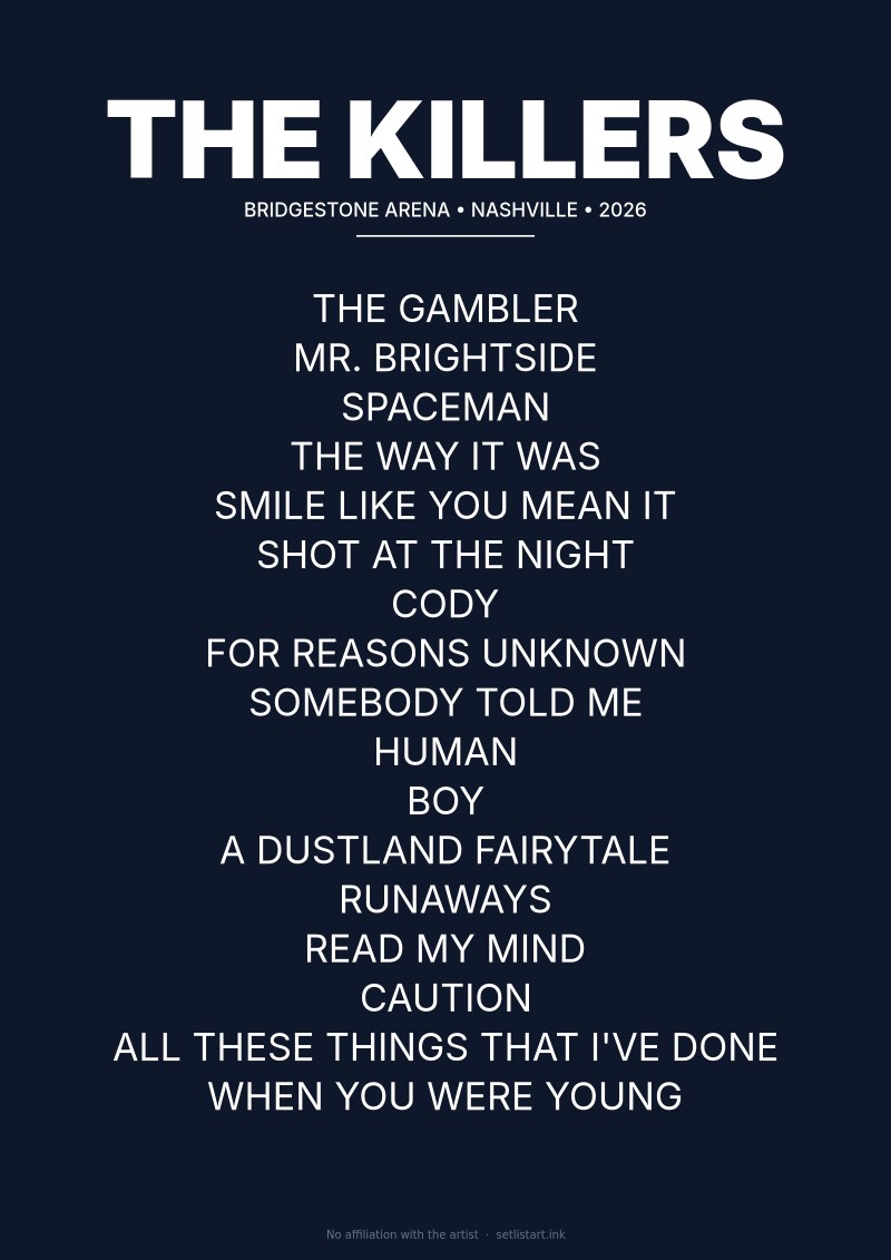 The Killers Nashville 2026 setlist poster preview