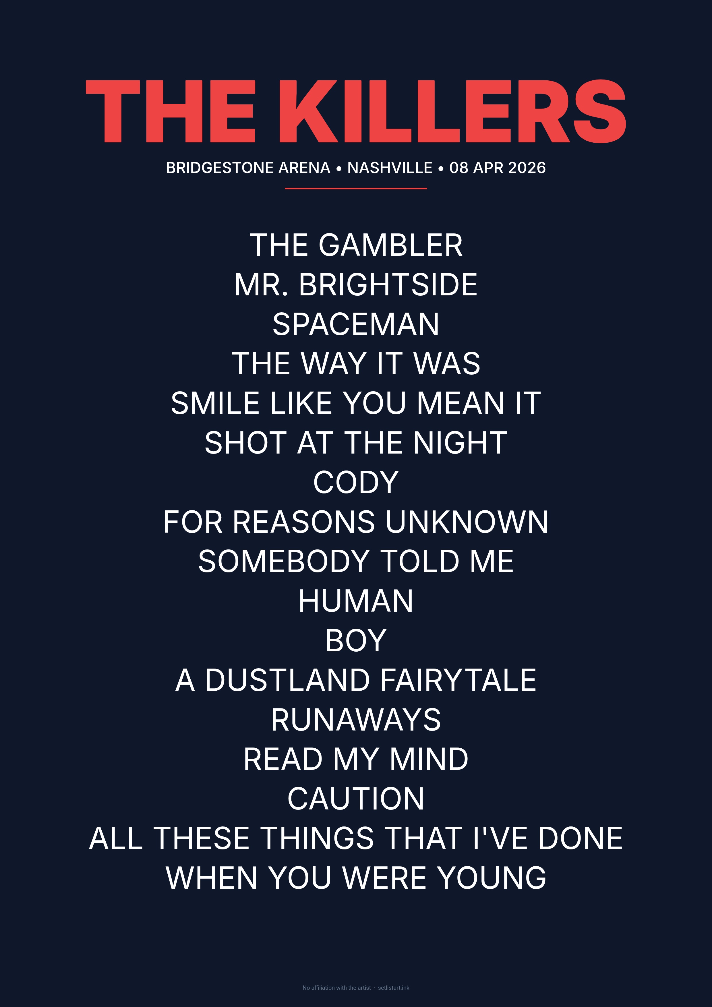 The Killers Nashville 2026 setlist poster preview