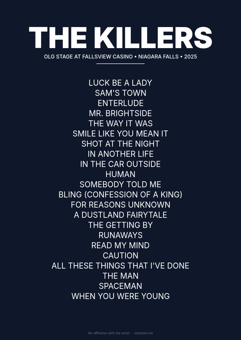 The Killers Niagara Falls 2025 setlist poster preview