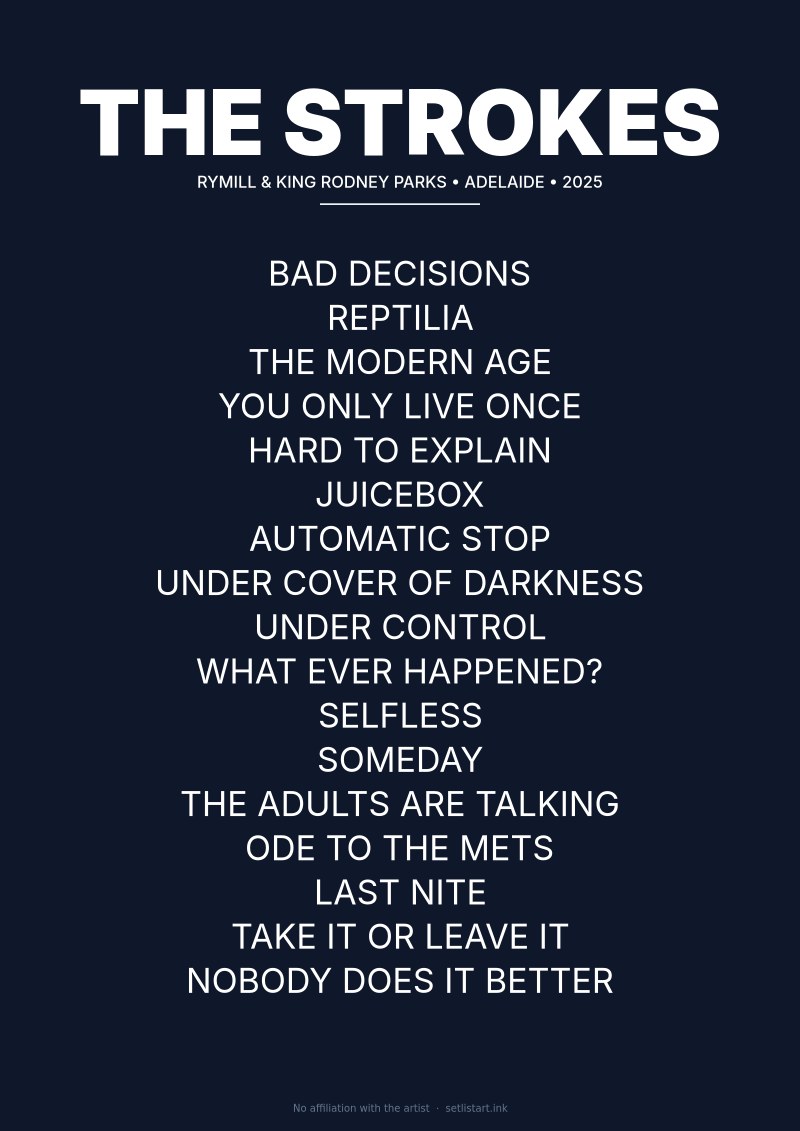 The Strokes Adelaide 2025 setlist poster preview