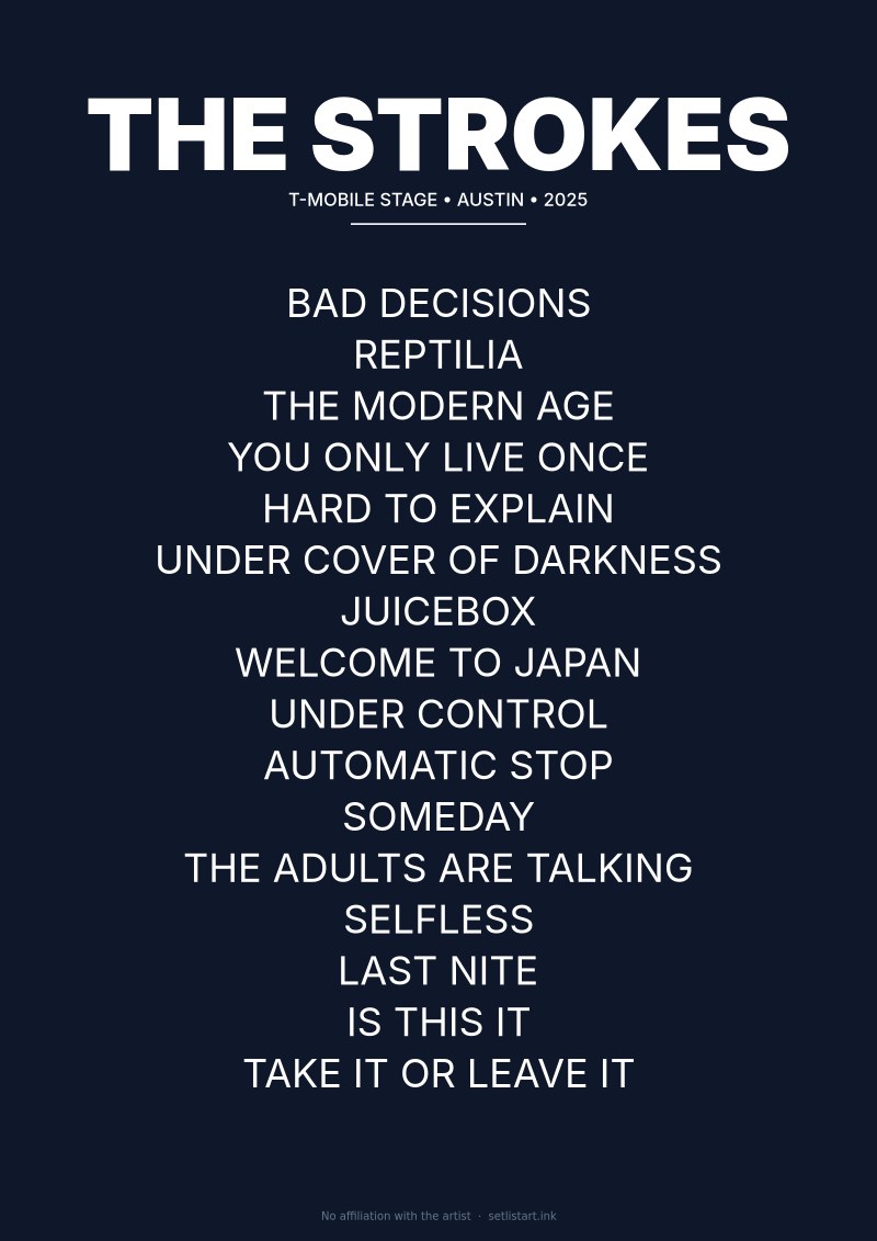 The Strokes Austin 2025 setlist poster preview