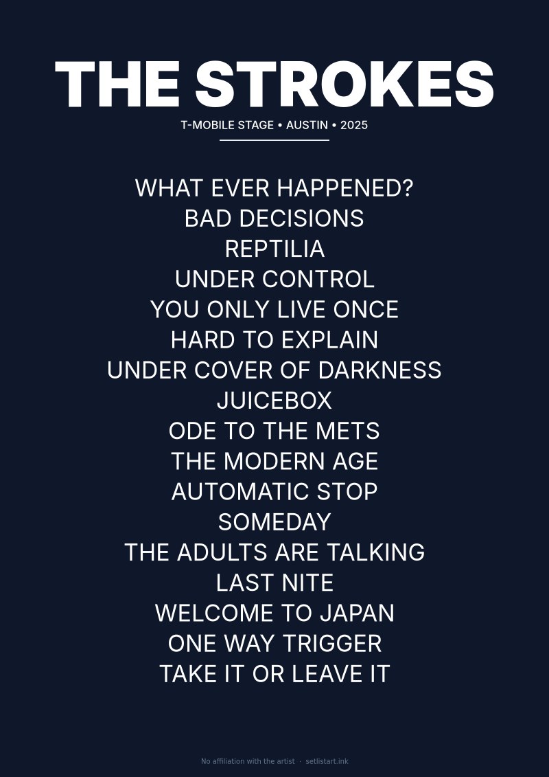The Strokes Austin 2025 setlist poster preview
