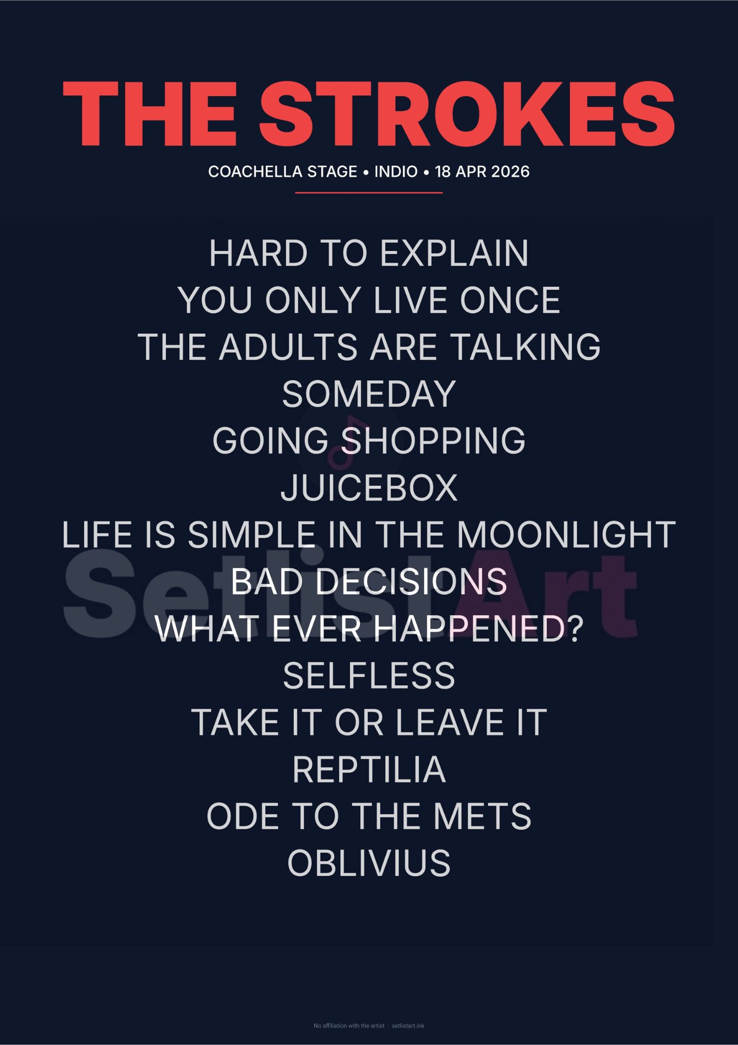 The Strokes Coachella 2026 Weekend 2 setlist poster preview