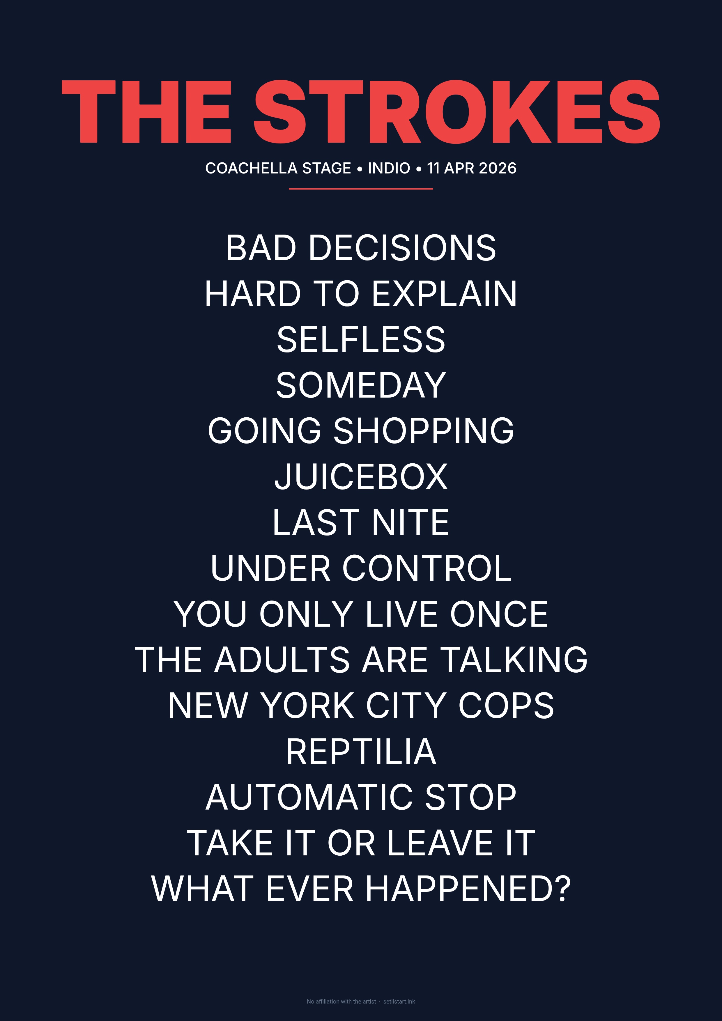 The Strokes Coachella 2026 setlist poster preview