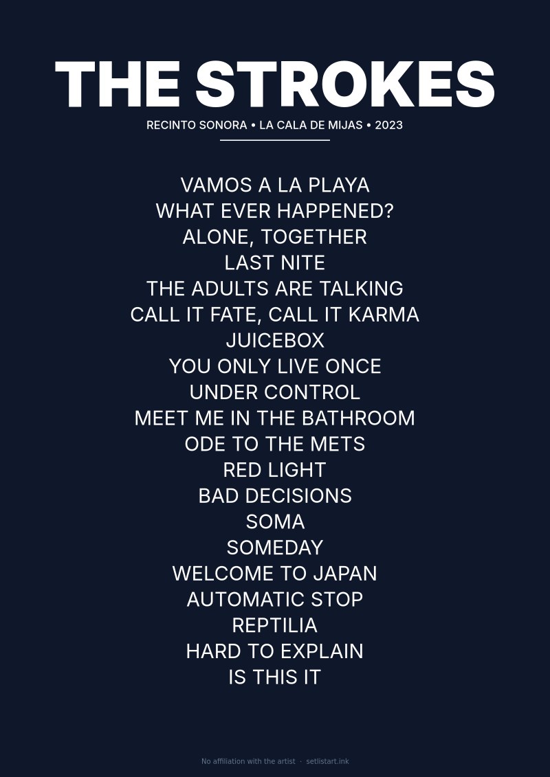 The Strokes La Cala De Mijas 2023 setlist poster preview