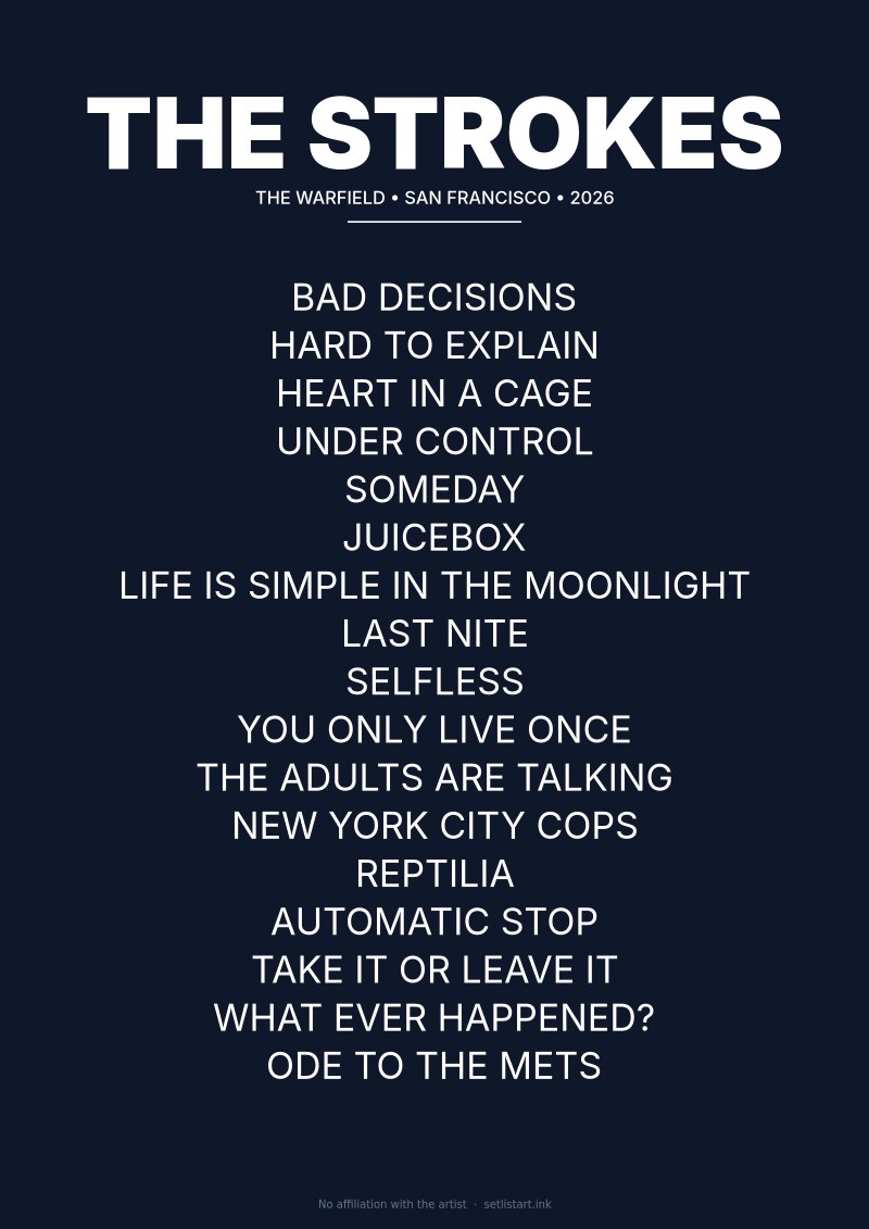 The Strokes San Francisco 2026 setlist poster preview