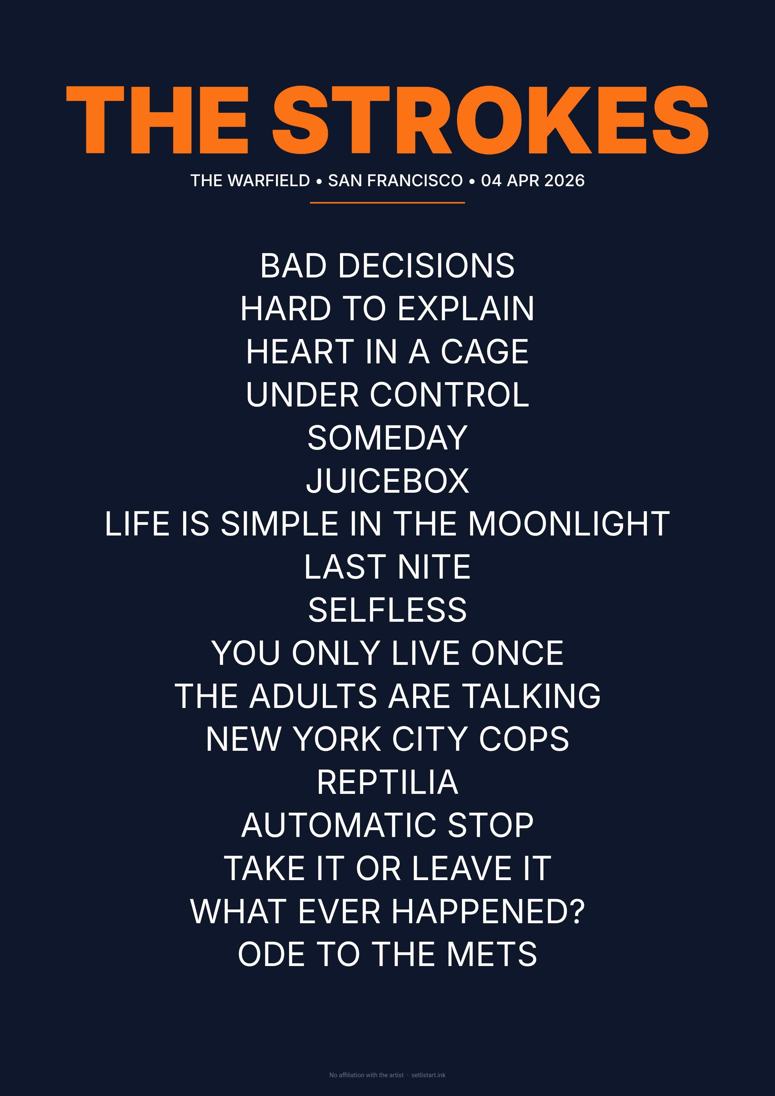 The Strokes San Francisco 2026 setlist poster preview