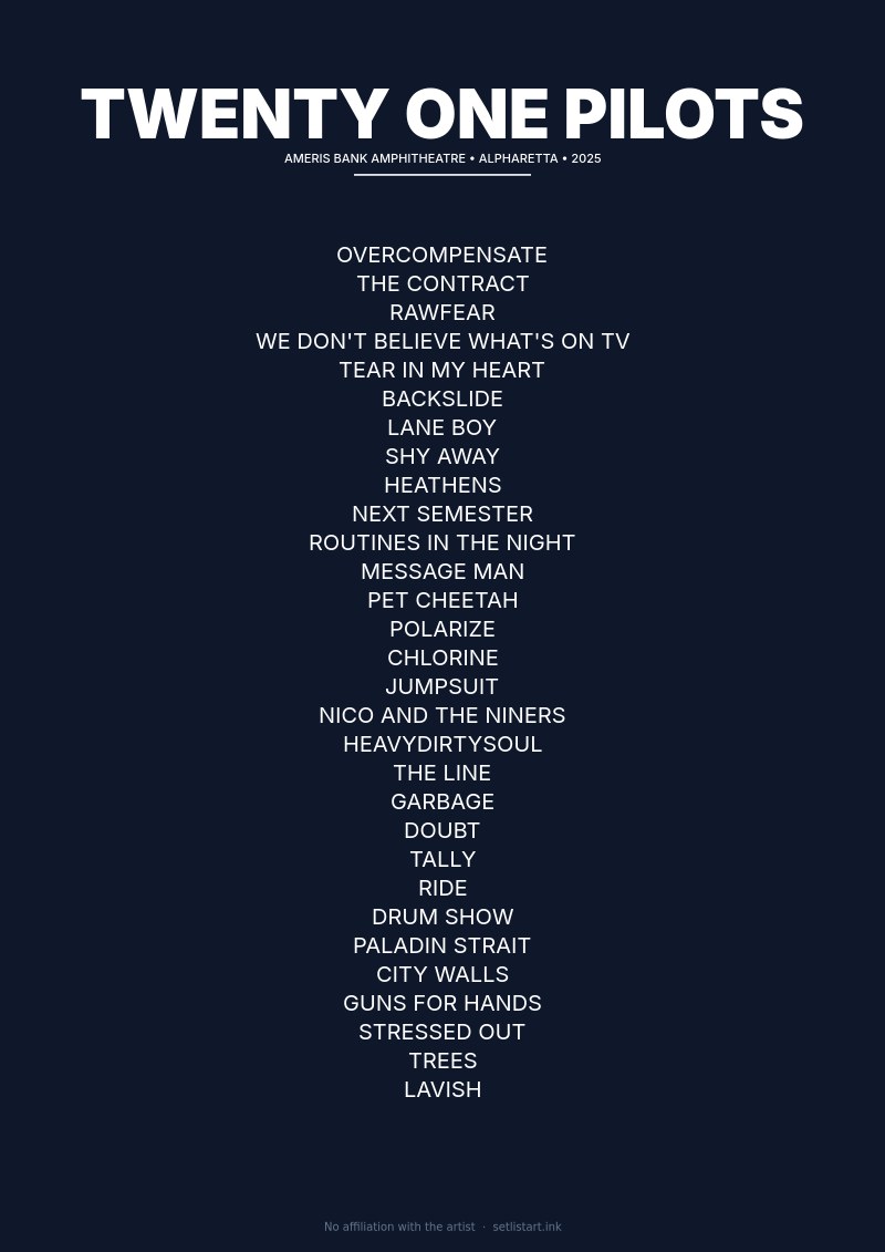 Twenty One Pilots Alpharetta 2025 setlist poster preview