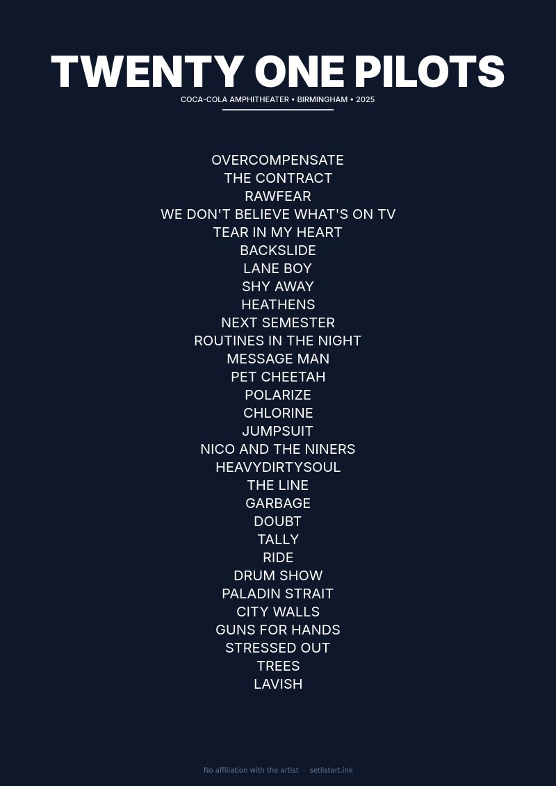Twenty One Pilots Birmingham 2025 setlist poster preview