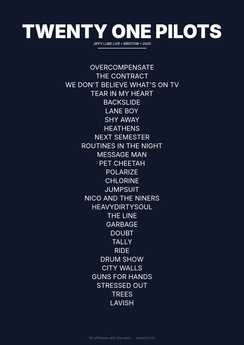 Twenty One Pilots Bristow 2025 setlist poster preview