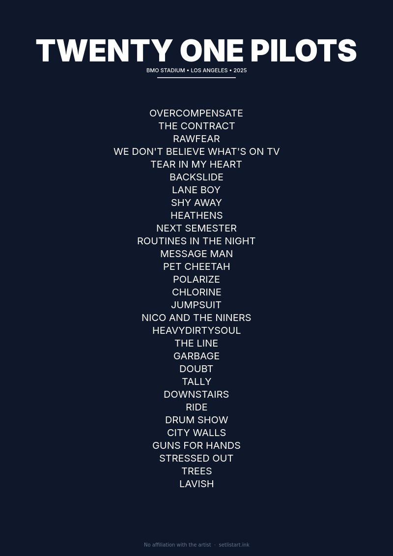 Twenty One Pilots Los Angeles 2025 setlist poster preview
