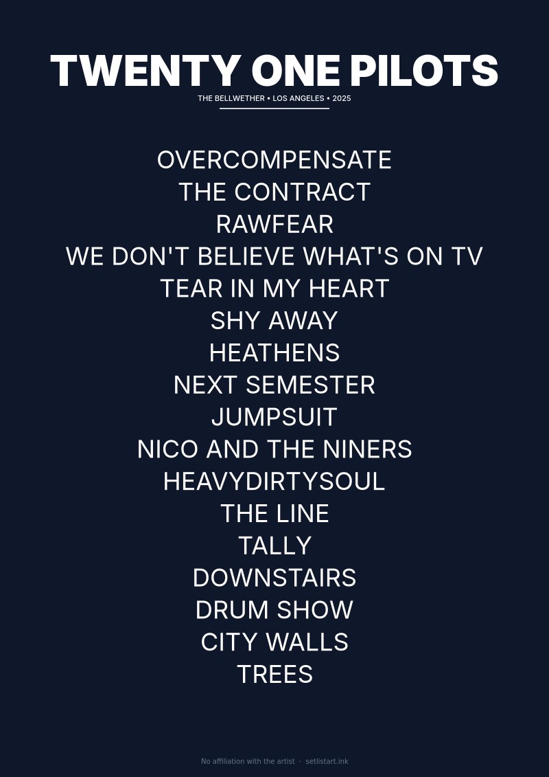 Twenty One Pilots Los Angeles 2025 setlist poster preview