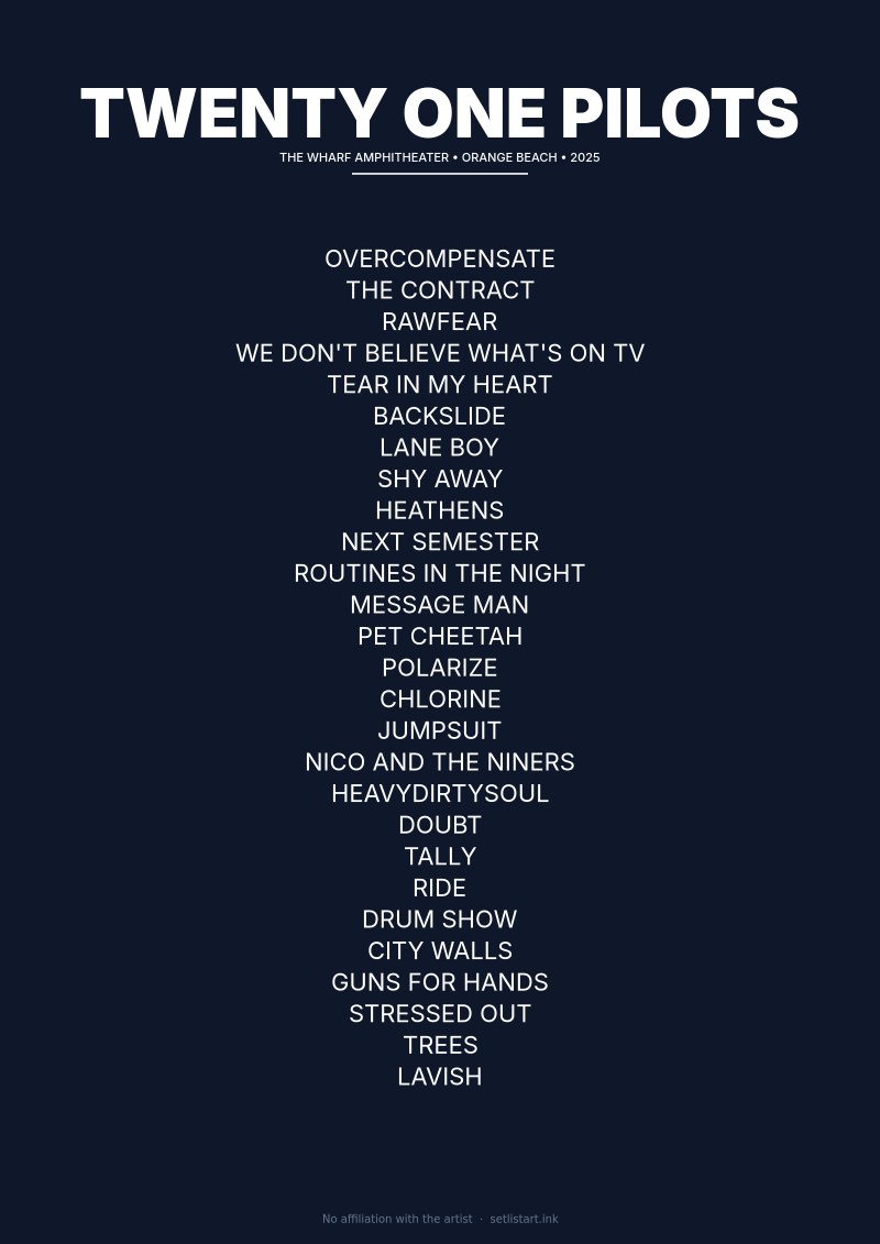 Twenty One Pilots Orange Beach 2025 setlist poster preview