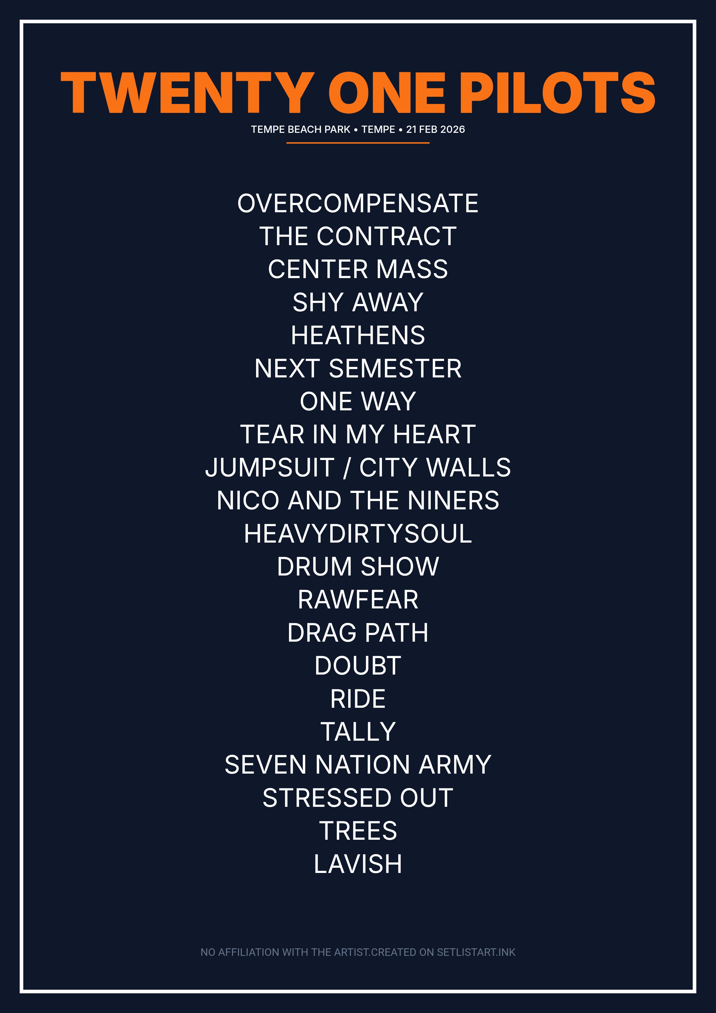 Twenty One Pilots Tempe 2026 setlist poster preview