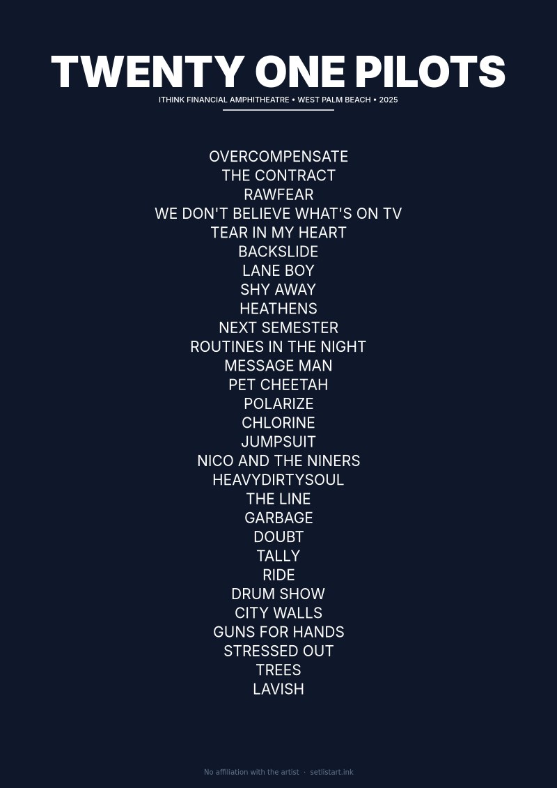 Twenty One Pilots West Palm Beach 2025 setlist poster preview