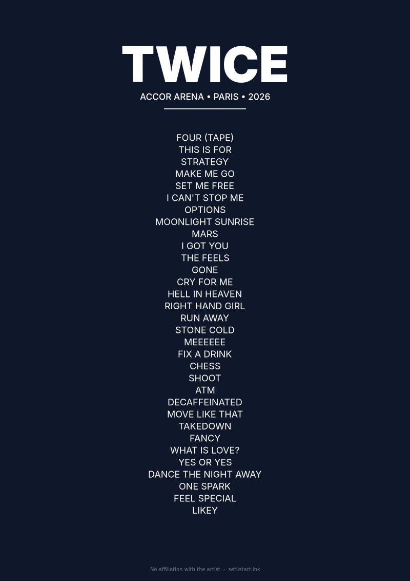 Twice Paris Night 2 2026 setlist poster — This Is For World Tour