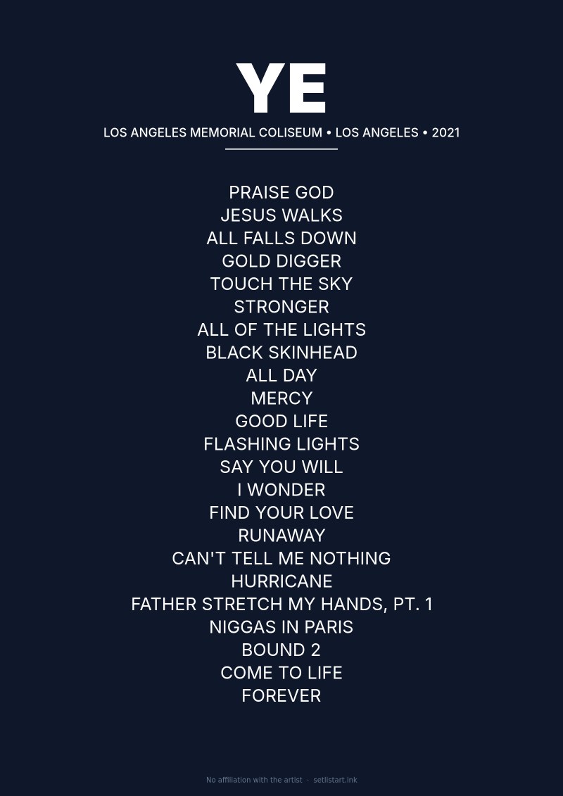 Ye Los Angeles 2021 setlist poster preview