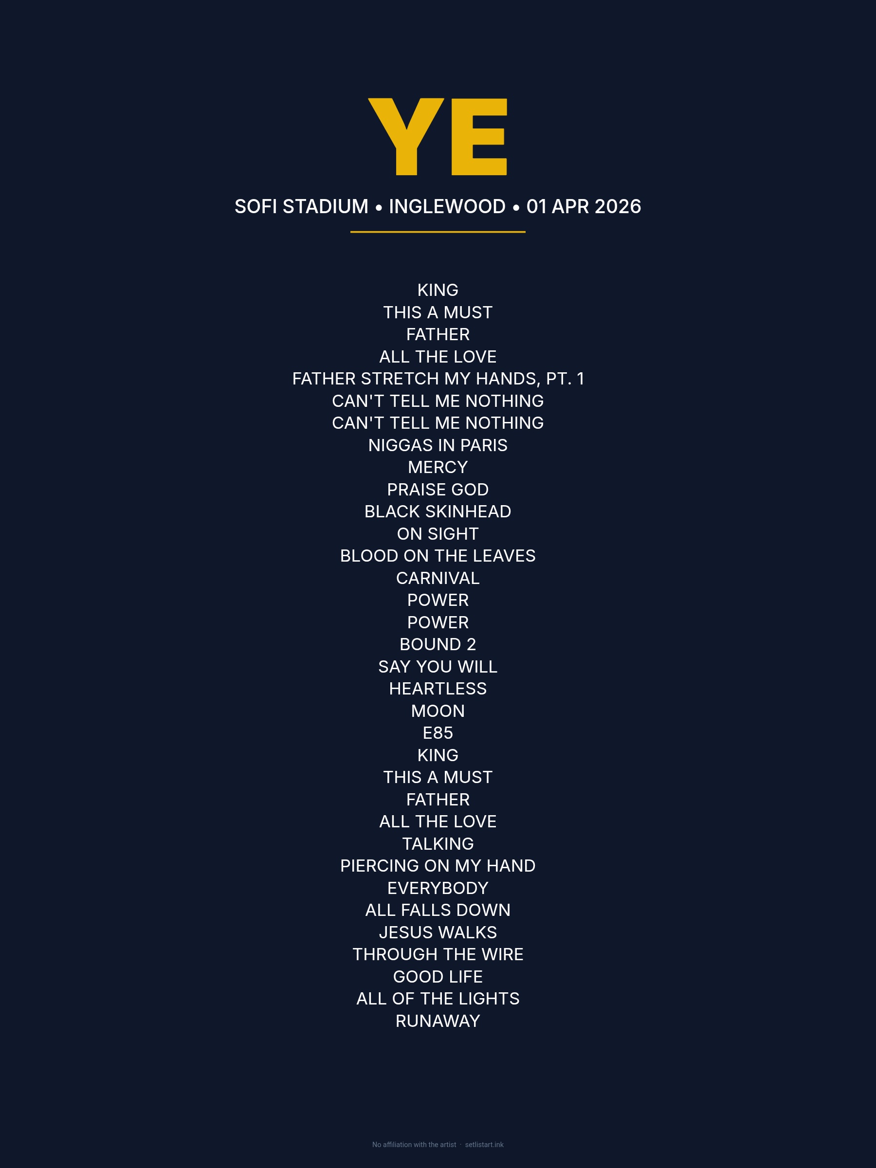 Ye Los Angeles 2026 setlist poster preview
