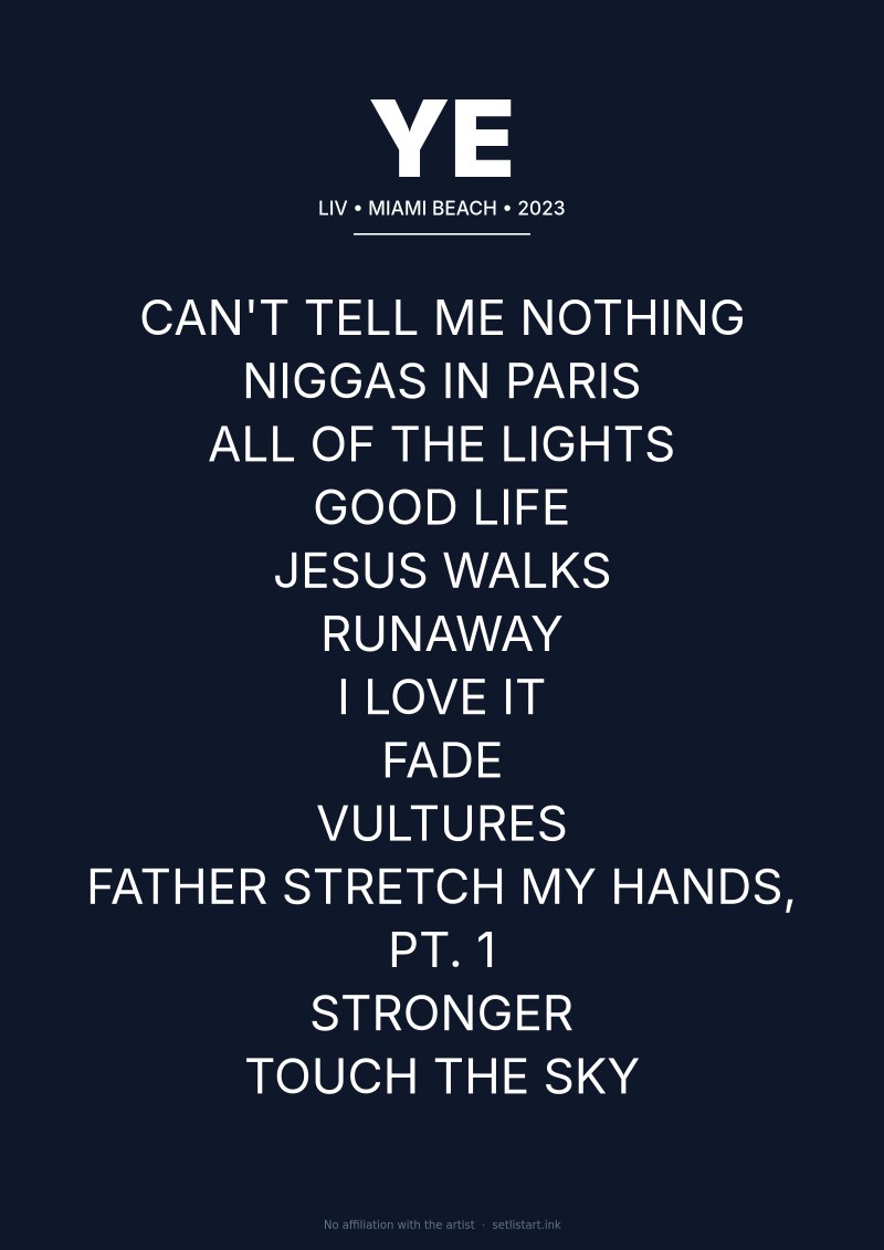 Ye Miami Beach 2023 setlist poster preview